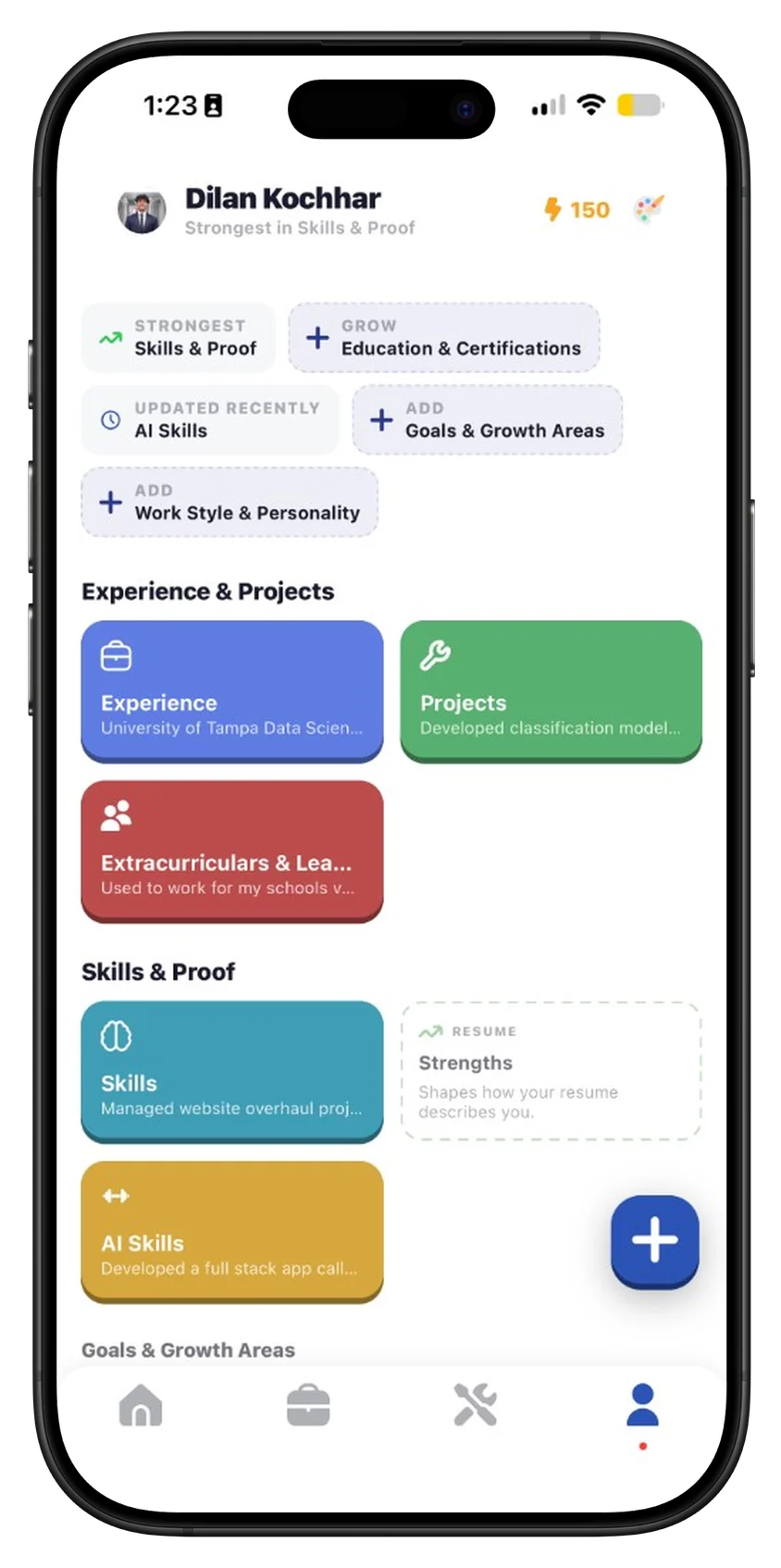 Dilly profile on iPhone with skills and proof you demonstrated